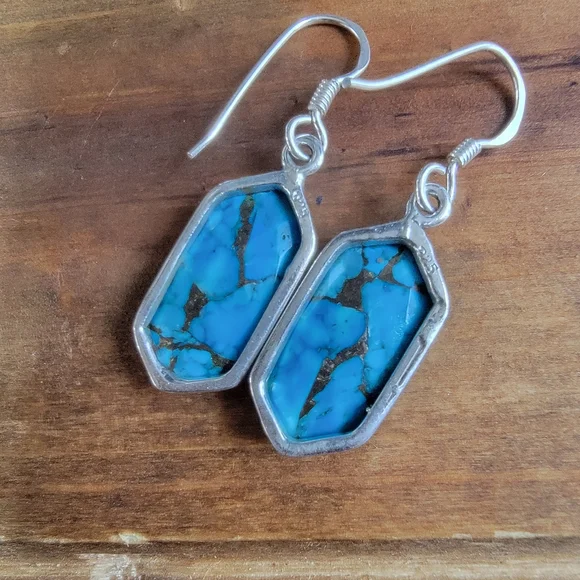 Sterling Silver Coper Turquoise  Dangle Earrings 925 Jewelry Womens Boho Style - Picture 3 of 4